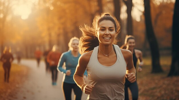 grupo de mulheres correndo juntas em um parque de outono