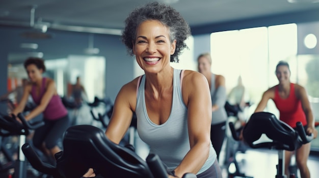 Grupo de mulheres de diferentes idades e raças durante o treino de ciclismo Aulas de fitness em grupo sobre exercício