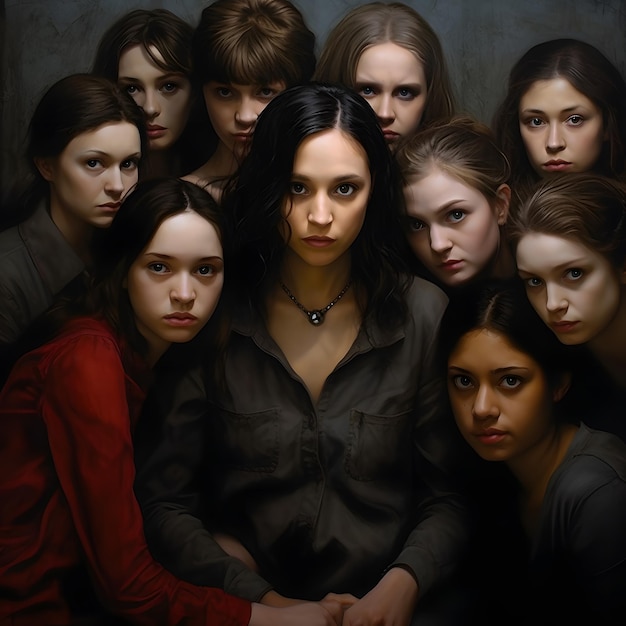 Grupo de mulheres de pé juntas em um fundo escuro