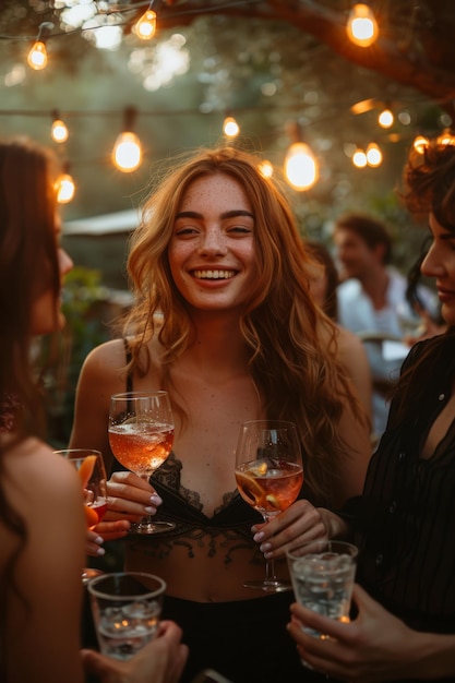 Grupo de mulheres de pé segurando copos de vinho