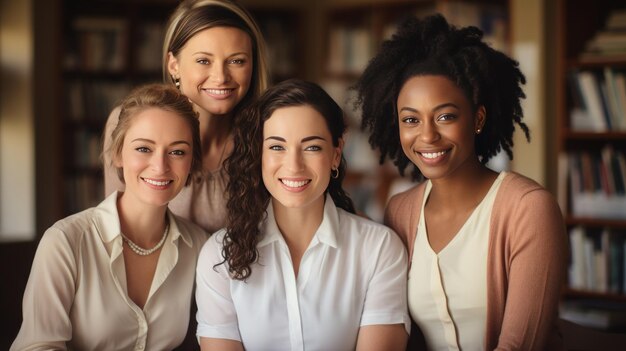 Grupo de mulheres diversas posando em estúdio olhando para a câmera e sorrindo