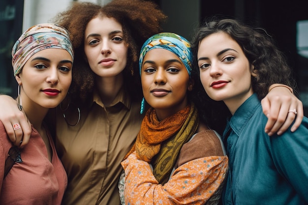 Grupo de mulheres diversas usando lenço de cabeça e xale de pé juntas