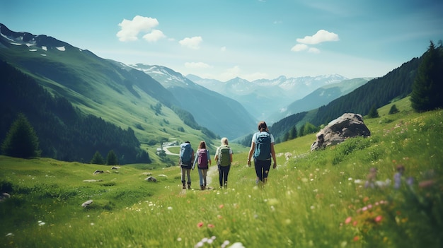 Grupo de mulheres esportivas, caminhadas nas montanhas