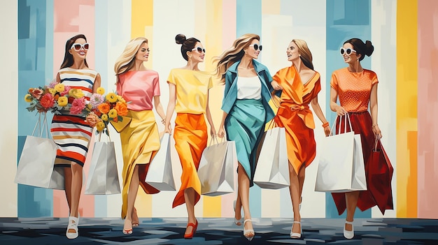 Grupo de mulheres felizes de moda segurando sacos de compras em imagem de arte pop gerada pela IA