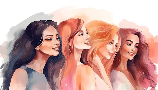 Grupo de mulheres felizes para ilustração em estilo aquarela do Dia Internacional da Mulher por Generative Ai