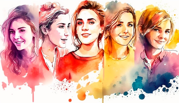 Grupo de mulheres felizes para o desenho em estilo aquarela do Dia Internacional da Mulher Generative Ai