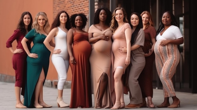 Grupo de mulheres grávidas com diferentes corpos e etnias posando juntas para mostrar à mulher grávida poder e força curvo e magro tipo de conceito de corpo feminino corpo positivo e aceitação do corpo
