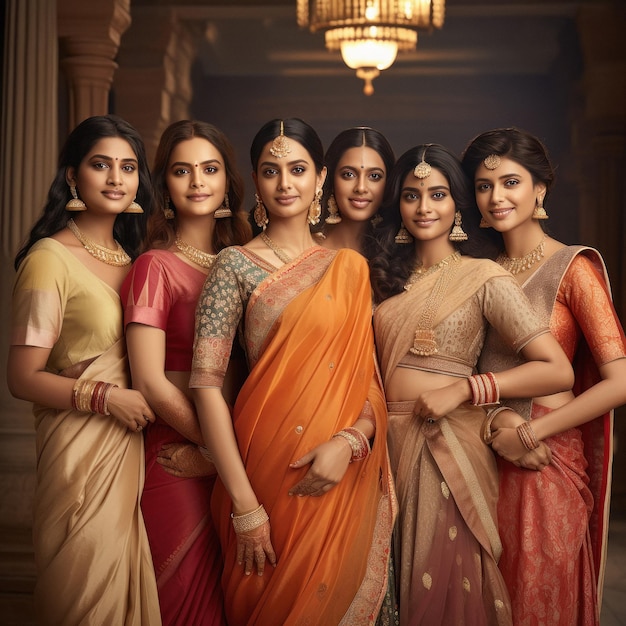 Grupo de mulheres indianas em sari tradicional