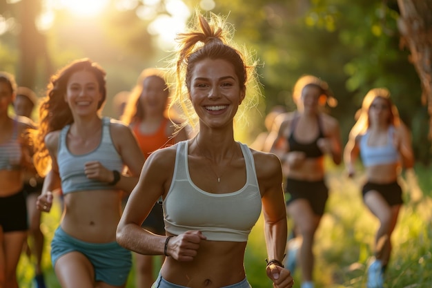 Grupo de mulheres jovens correndo juntas ao ar livre na natureza no Sunset Fitness Friends and Fun
