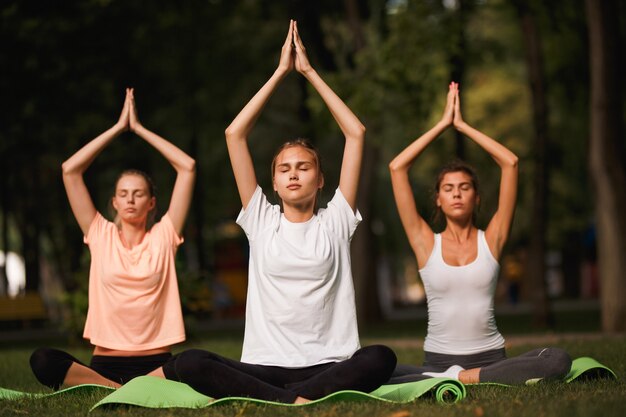 Grupo de mulheres jovens praticando ioga, meditação matinal na natureza, no parque.