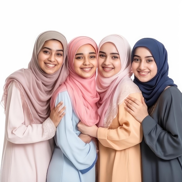 Grupo de mulheres muçulmanas se abraçando celebração de eid mubarak sobre fundo branco