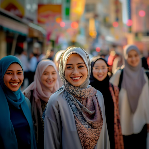 Grupo de mulheres muçulmanas vestindo hijab caminhando na rua da cidade