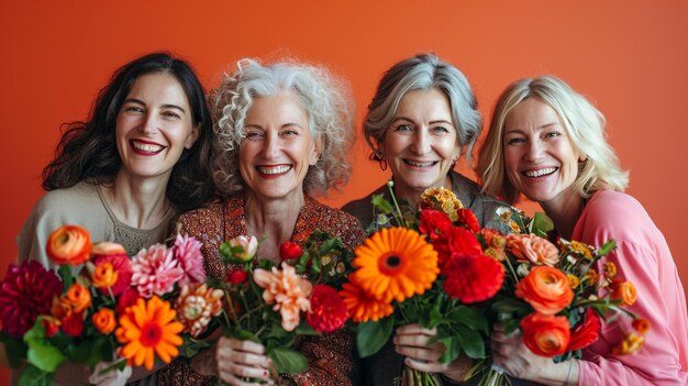 Foto grupo de mulheres multiétnicas em pé com buquês de flores