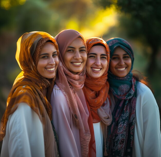 grupo de mulheres multiétnicas sorrindo usando hijab ao ar livre