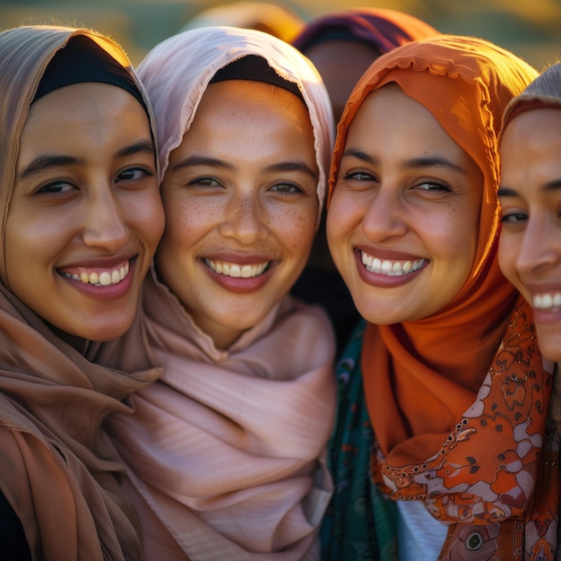 grupo de mulheres multiétnicas sorrindo usando hijab ao ar livre