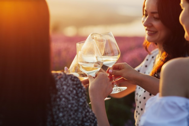 Grupo de namoradas felizes, tilintando copos com vinho