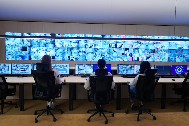 Grupo de operadores de data center de segurança trabalhando em uma sala de monitoramento CCTV olhando para vários monitores Oficiais monitorando várias telas para atividades suspeitas Equipe trabalhando no System Contr