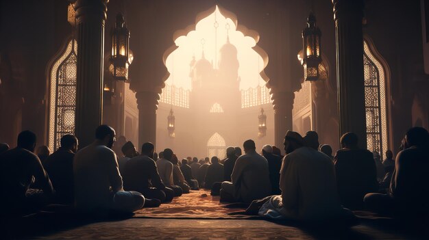 Grupo de oração muçulmano em uma máscara Generative Ai