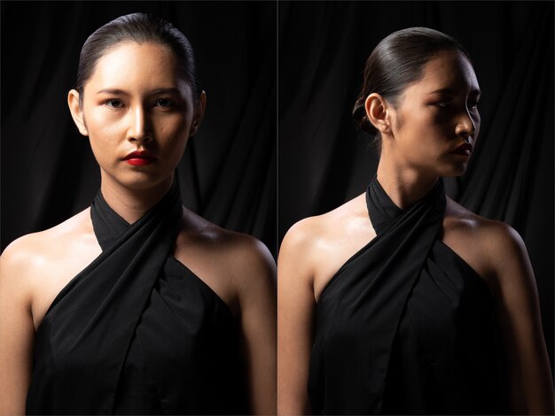 Grupo de pacote de colagem de Retrato Vintage Moda Mulher asiática bonita compõe um look glam molhado atraente envolto em cabelo preto e vestido. Iluminação de estúdio em fundo escuro