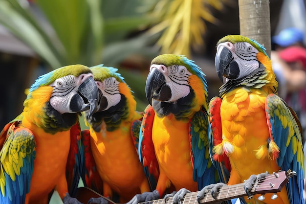 Grupo de papagaios vestidos empoleirados na palmeira e cantando melodias tropicais Generative AI