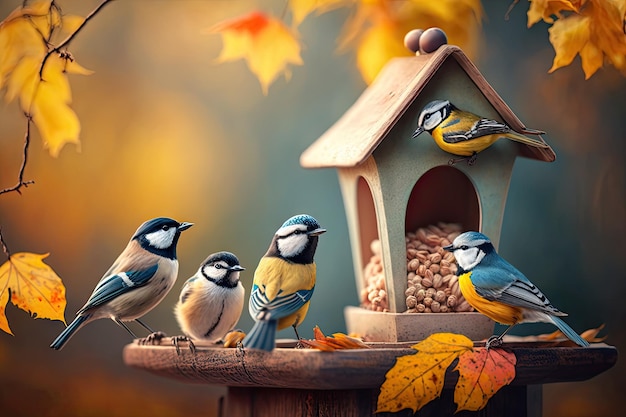 Grupo de passarinhos empoleirados em um alimentador de pássaros no fundo do outono