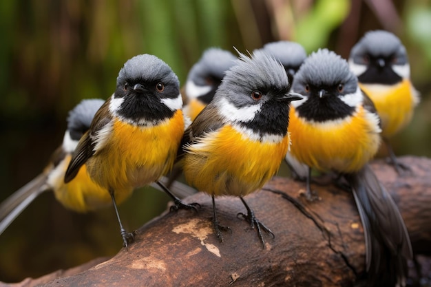 Grupo de pássaros Fantail da Nova Zelândia de perto