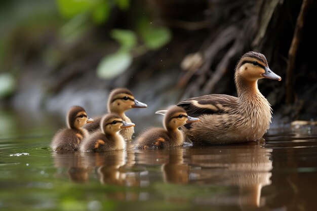 Grupo de patinhos nadando em uma lagoa com sua mãe vigiando criado com ai generativa