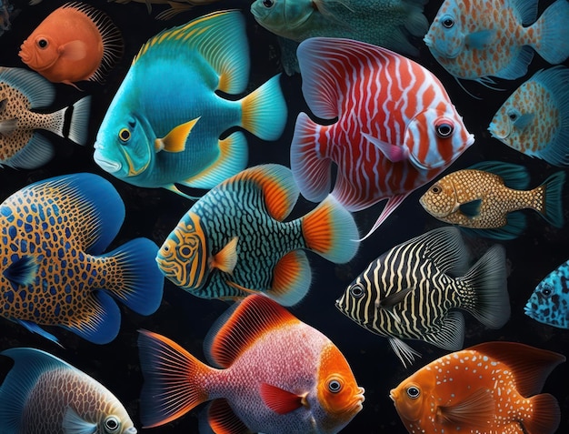 Foto grupo de peixes coloridos em fundo escuro criado com tecnologia de ia generativa