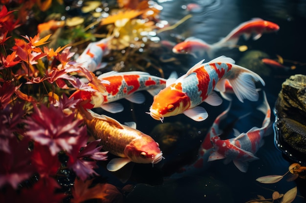 Grupo de peixes Koi coloridos reunidos perto da superfície da água refletindo seus tons brilhantes