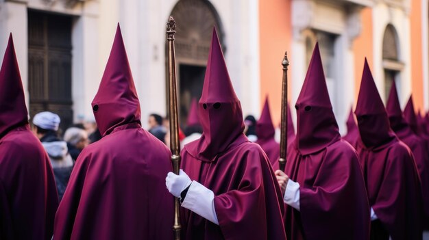 Foto grupo de penitentes da semana santa segurando uma cruz vestidos com cores vivas