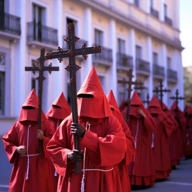 Foto grupo de penitentes da semana santa segurando uma cruz vestidos com cores vivas