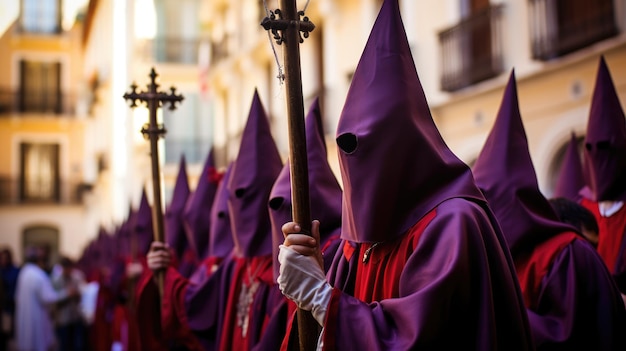 Foto grupo de penitentes da semana santa segurando uma cruz vestidos com cores vivas