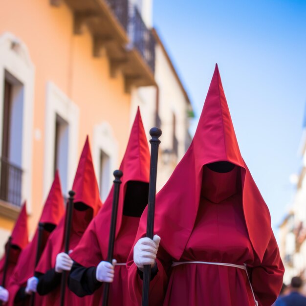 Foto grupo de penitentes da semana santa segurando uma cruz vestidos com cores vivas