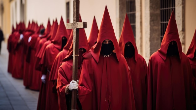 Foto grupo de penitentes da semana santa segurando uma cruz vestidos com cores vivas