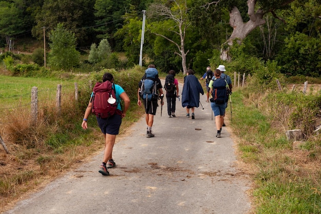 Grupo de peregrinos caminhando no caminho de St James chamado Chemin du Puy França