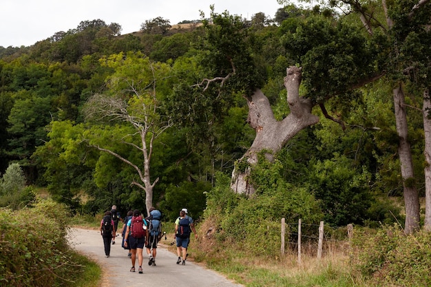 Grupo de peregrinos caminhando no caminho de St James chamado Chemin du Puy França