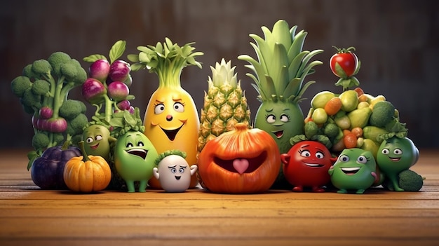 grupo de personagens de desenho animado de legumes e frutas