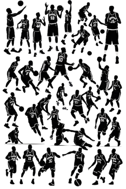 Grupo de personagens de desenhos animados de jogadores de basquete Silhuetas vetoriais isoladas