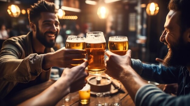 Grupo de pessoas a desfrutar e a beber cerveja num pub de cervejaria conceito de amizade com jovens