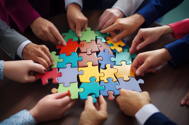 Grupo de pessoas a trabalhar juntas num quebra-cabeça adequado para conceitos de formação de equipas