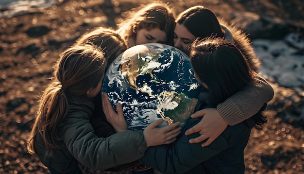 Foto grupo de pessoas abraçando o planeta terra aquecimento global