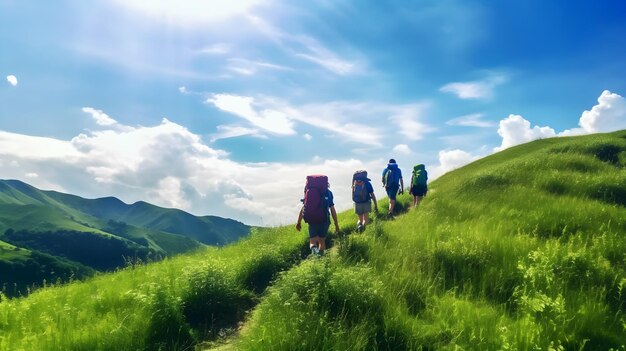 grupo de pessoas andando no topo da montanha na vista do nascer do sol