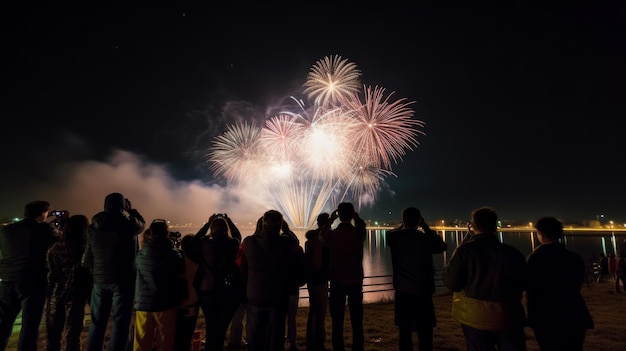 Grupo de pessoas assistindo ilustração de fogos de artifício AI Generative