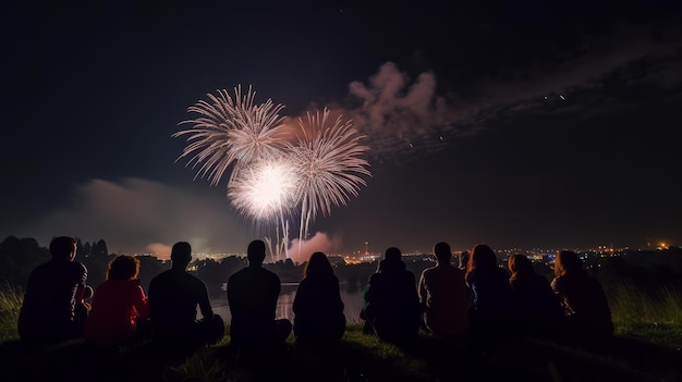 Grupo de pessoas assistindo ilustração de fogos de artifício AI Generative