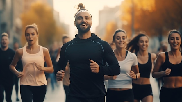 Grupo de pessoas ativas correndo maratona na cidade