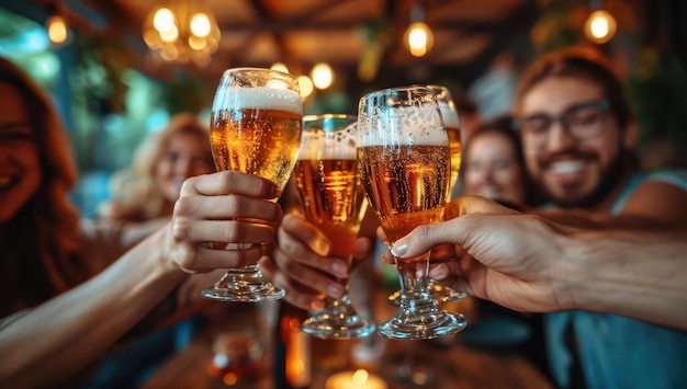 Foto grupo de pessoas brindando com uma cerveja com copos em um pub em close-up extremo ai gerativa