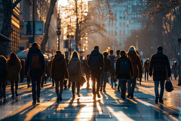 Grupo de pessoas caminhando ao lado de edifícios altos