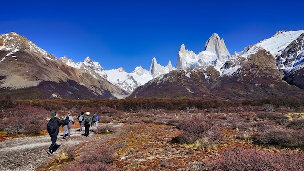 Grupo de pessoas caminhando e caminhando em direção ao fitzroy