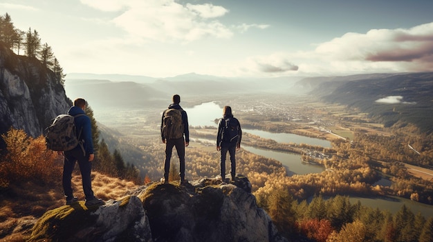 grupo de pessoas caminhando na aventura no topo da montanha e estilo de vida ativo