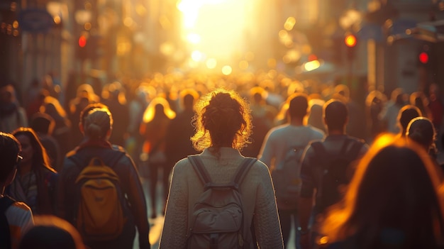Grupo de pessoas caminhando na rua ao pôr-do-sol